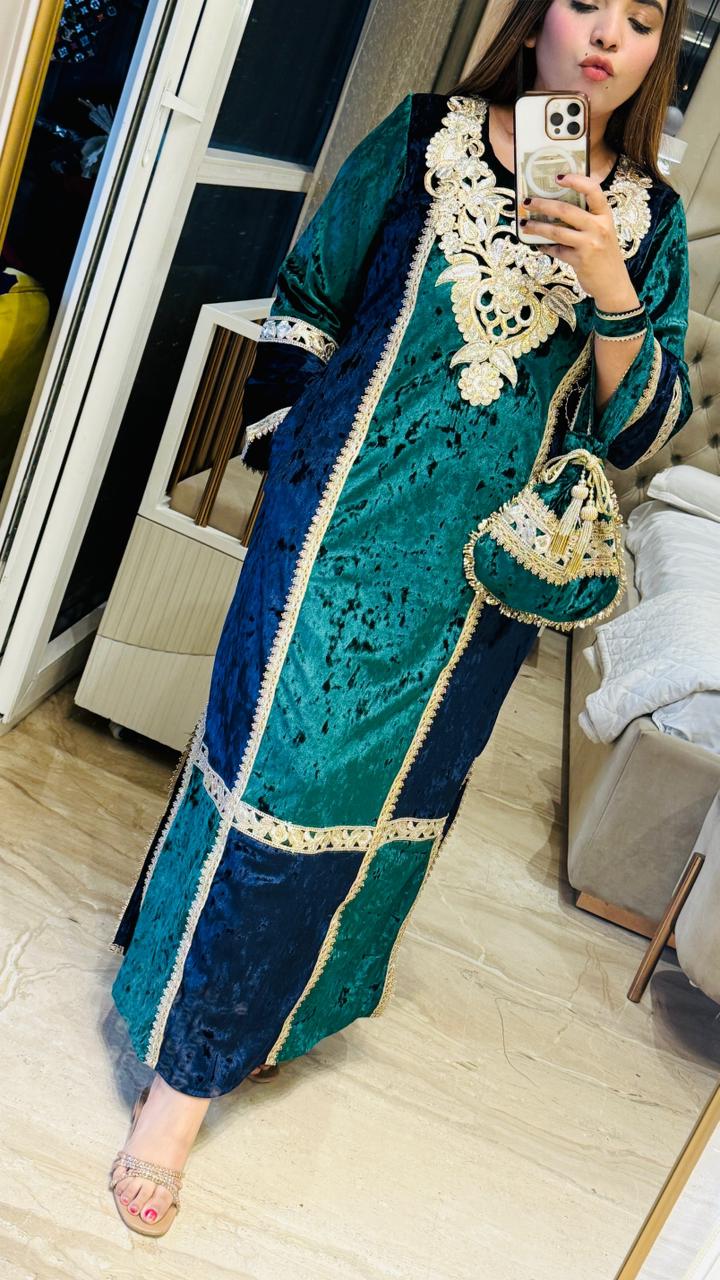 Sehrazat Velvet Long Kaftan Dress- Purple, Green, Blue