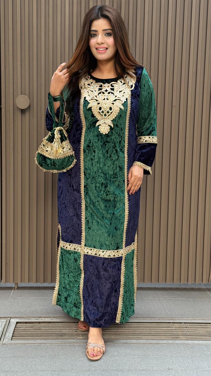 Sehrazat Velvet Long Kaftan Dress- Purple, Green, Blue