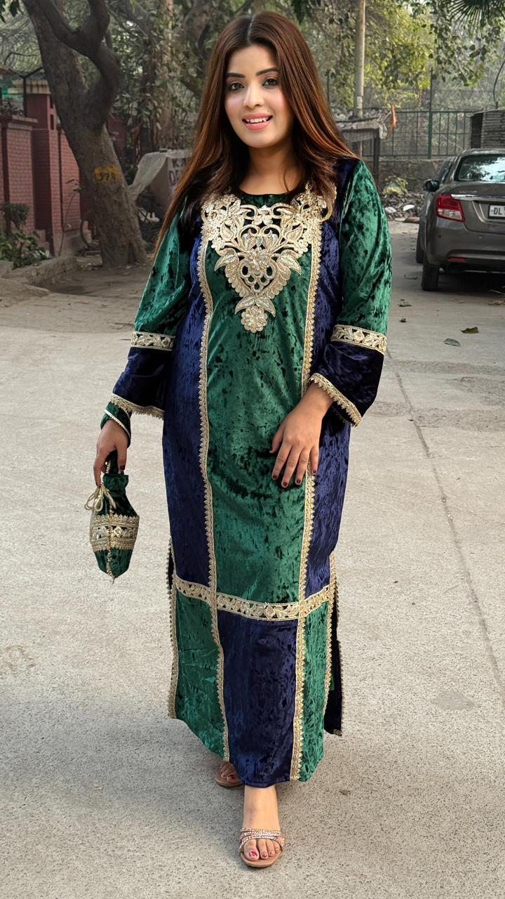 Sehrazat Velvet Long Kaftan Dress- Purple, Green, Blue
