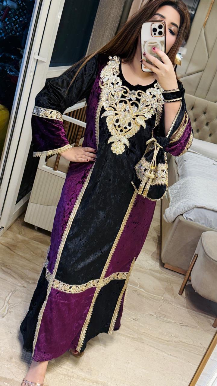 Sehrazat Velvet Long Kaftan Dress- Purple, Green, Blue