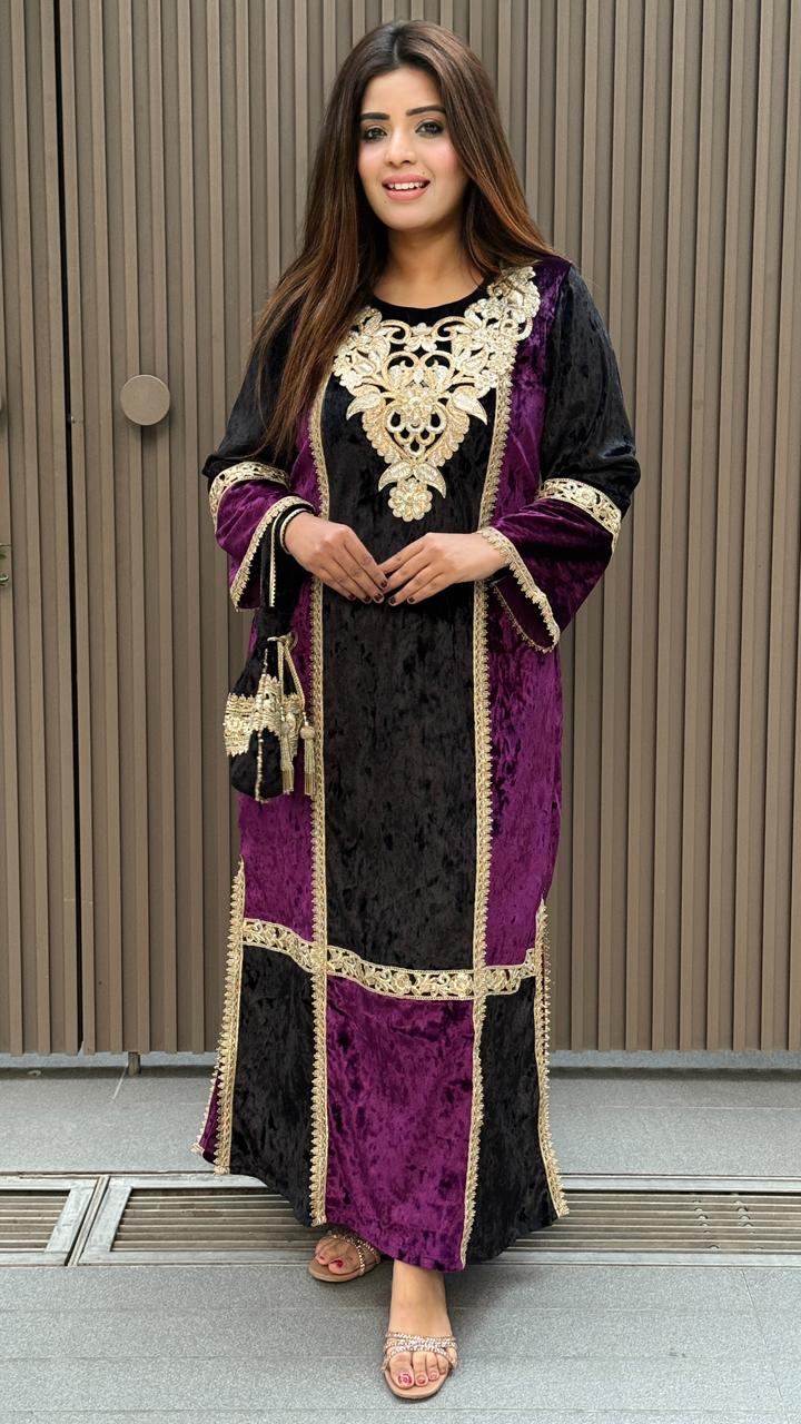 Sehrazat Velvet Long Kaftan Dress- Purple, Green, Blue