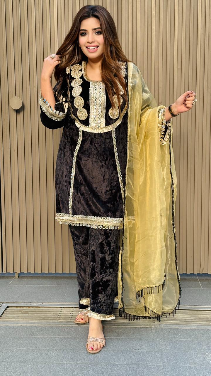 Zelina Velvet Suit Set-Navy Blue, Black