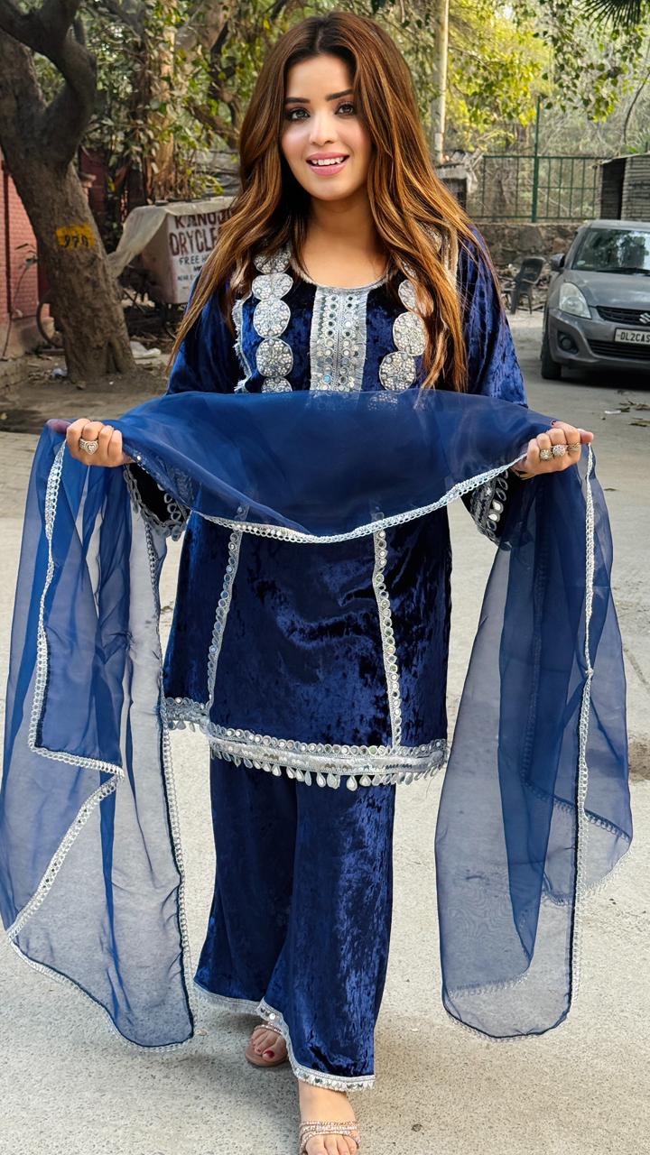 Zelina Velvet Suit Set-Navy Blue, Black