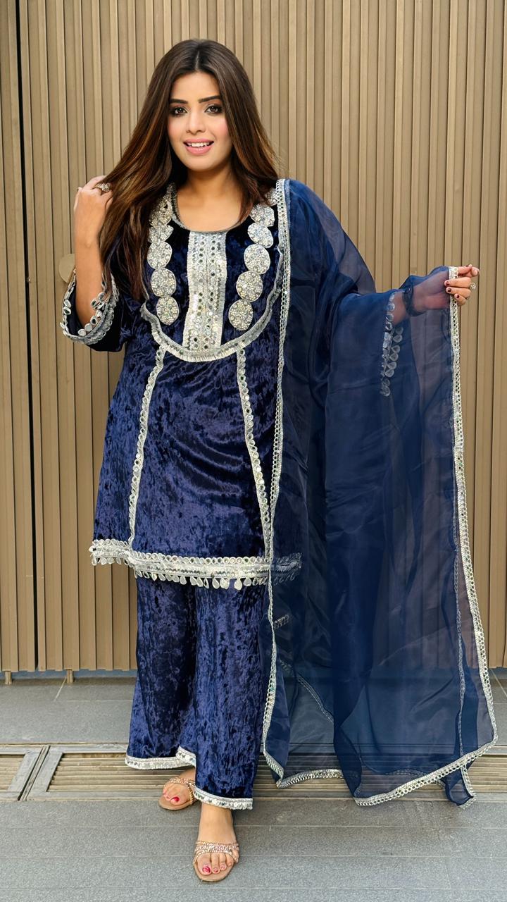 Zelina Velvet Suit Set-Navy Blue, Black