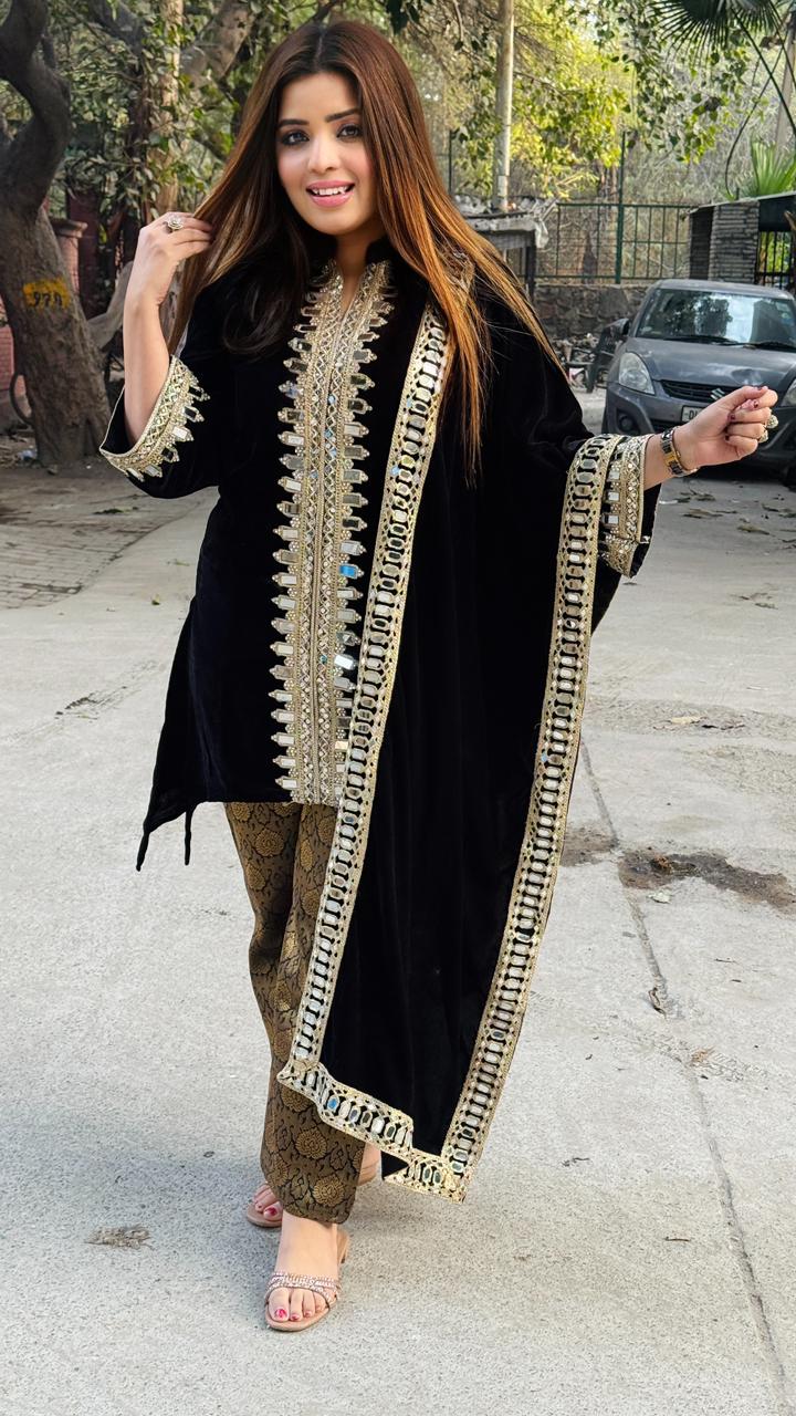 Kardelen Velvet Suit Set-Black