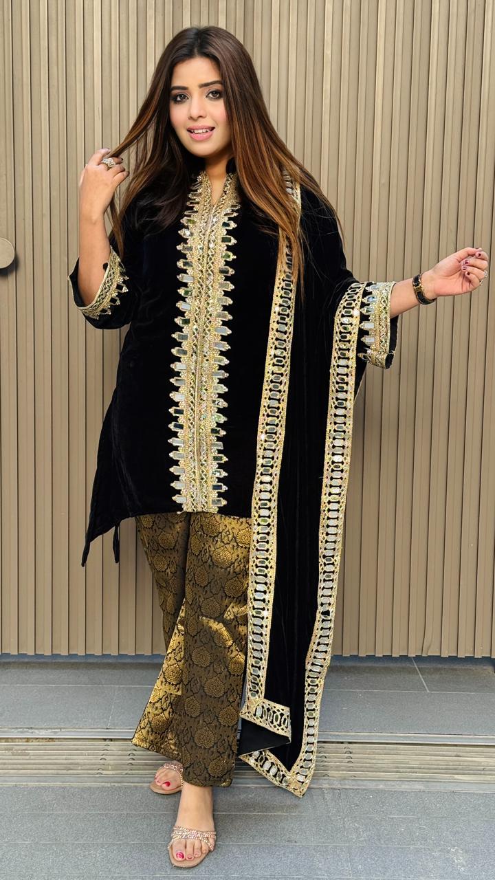 Kardelen Velvet Suit Set-Black