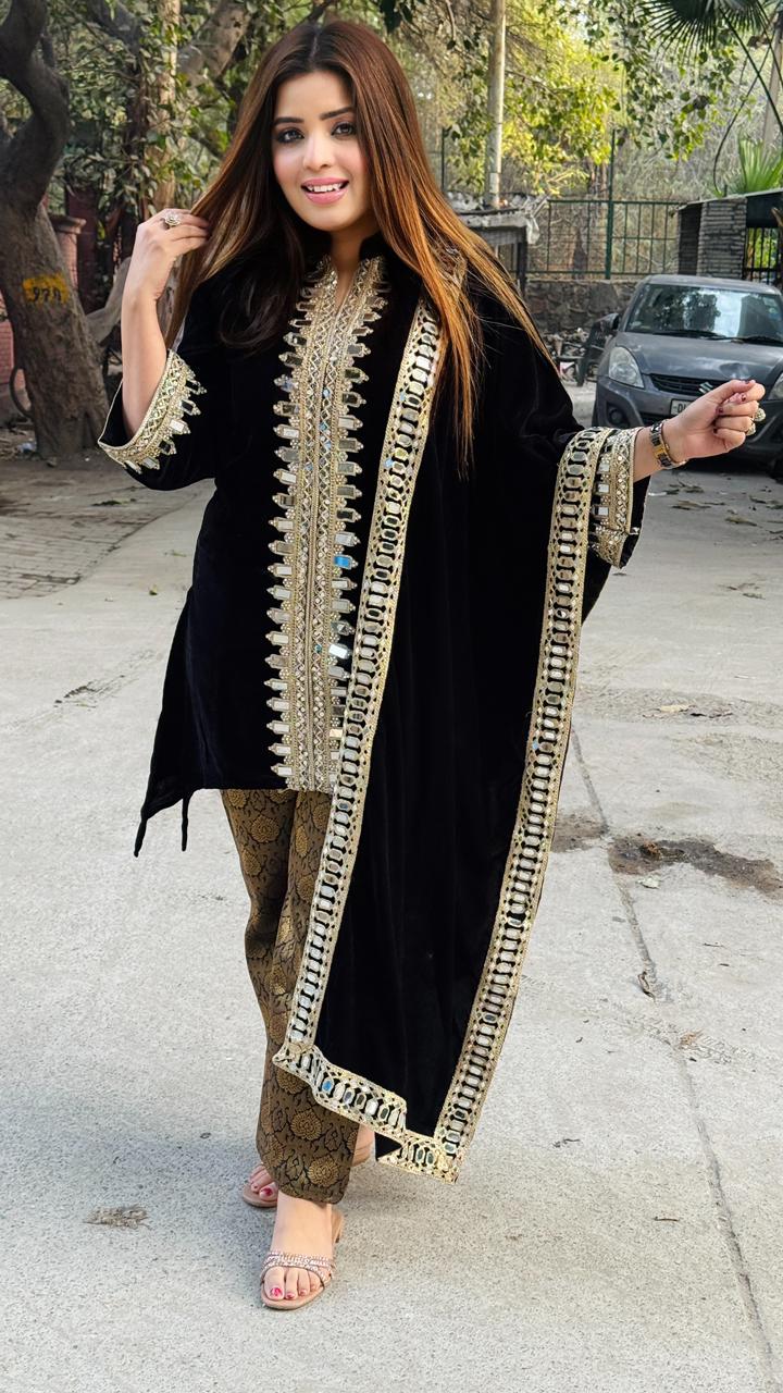 Kardelen Velvet Suit Set-Black