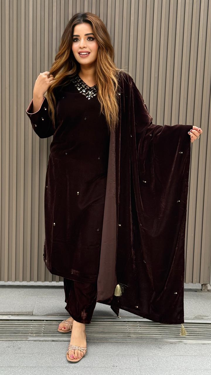 Serap Velvet Suit Set- Brown