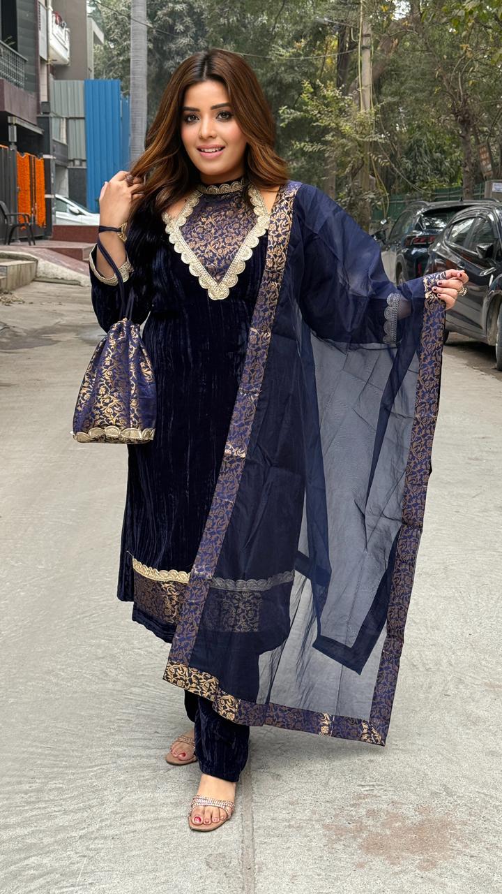 Taliare Velvet Suit Set- Navy Blue