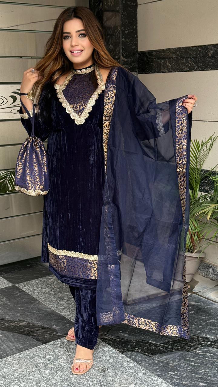 Taliare Velvet Suit Set- Navy Blue