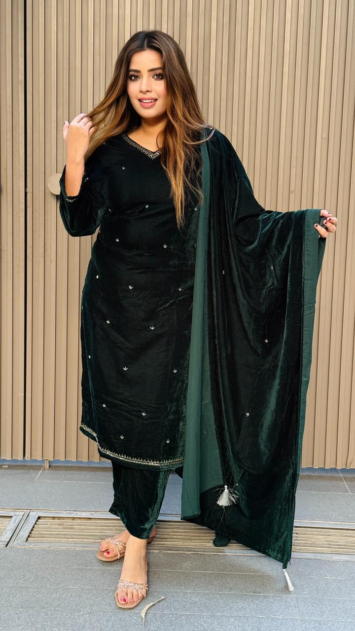 İlayda Velvet Suit Set- Green