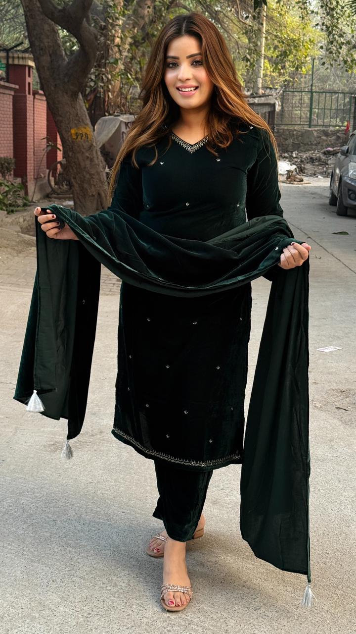 İlayda Velvet Suit Set- Green