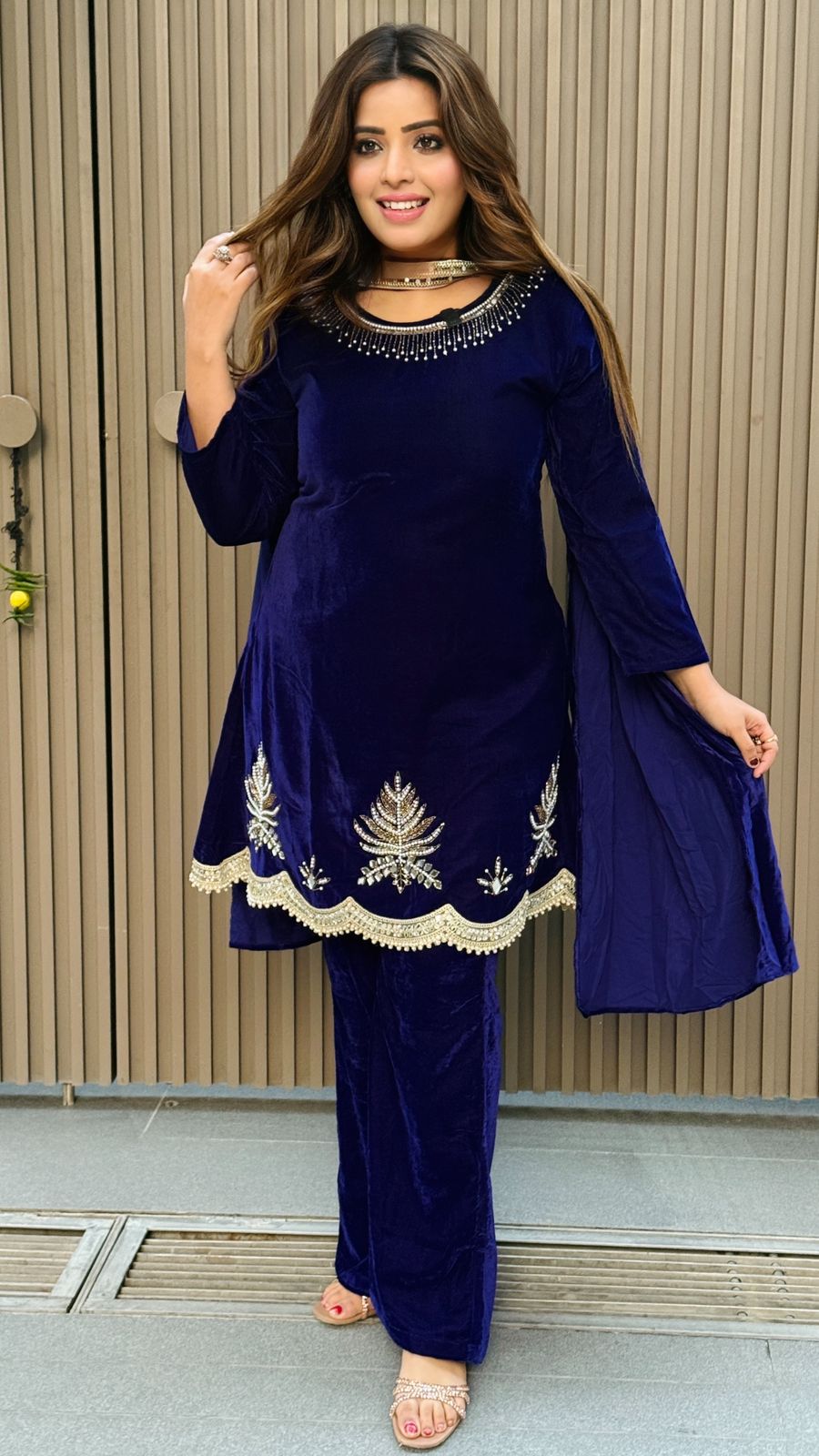 Perihan Velvet Suit Set- Green, Brown, Navy