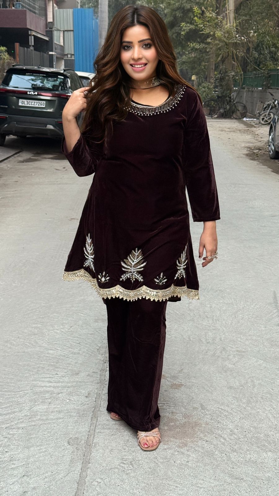 Perihan Velvet Suit Set- Green, Brown, Navy