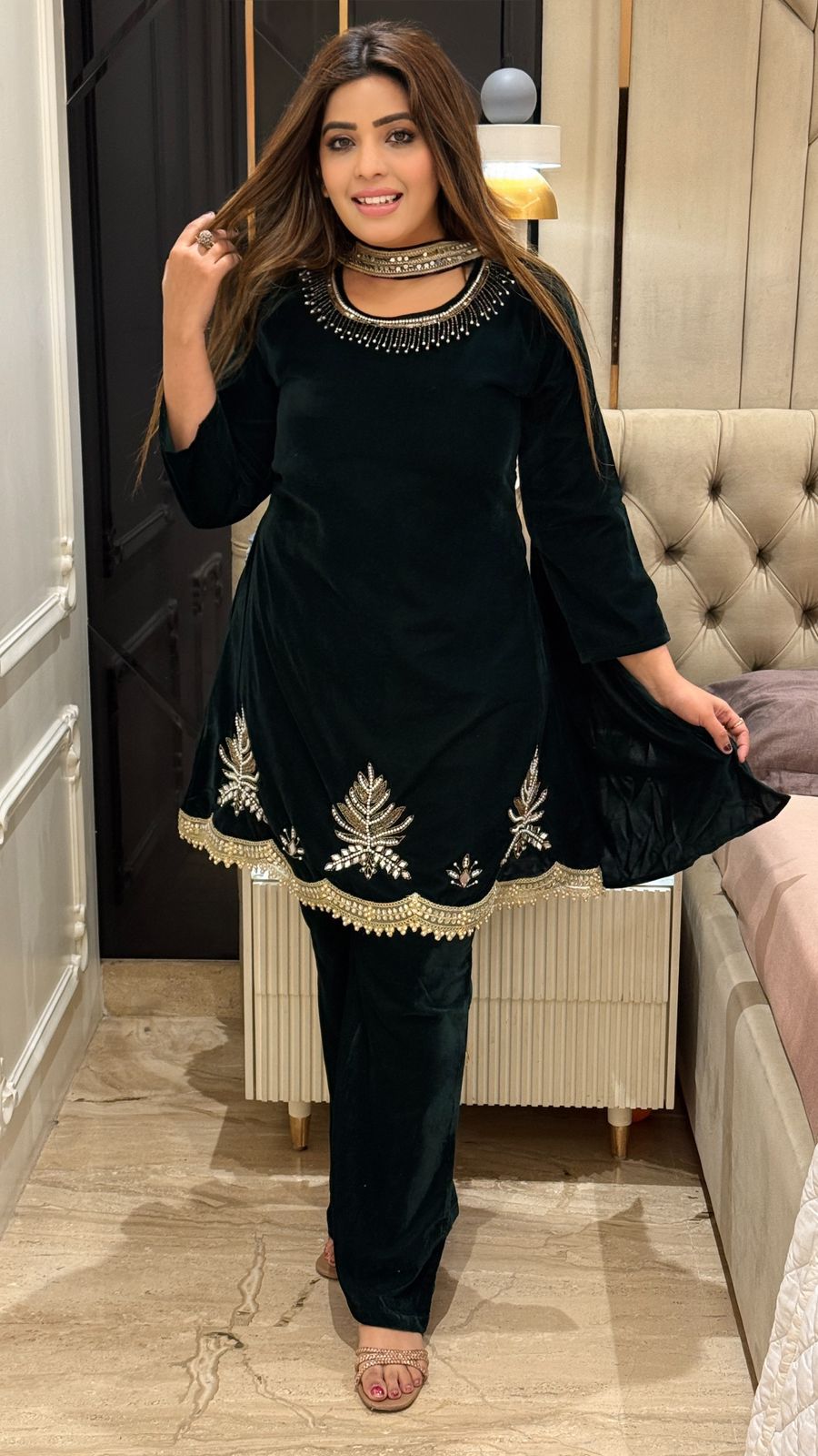 Perihan Velvet Suit Set- Green, Brown, Navy