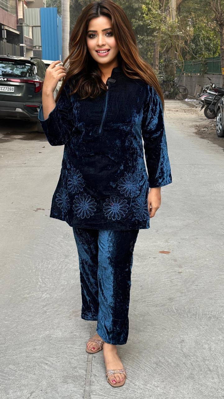 Anairaah Velvet Cord Set- Navy, Blue, Gray