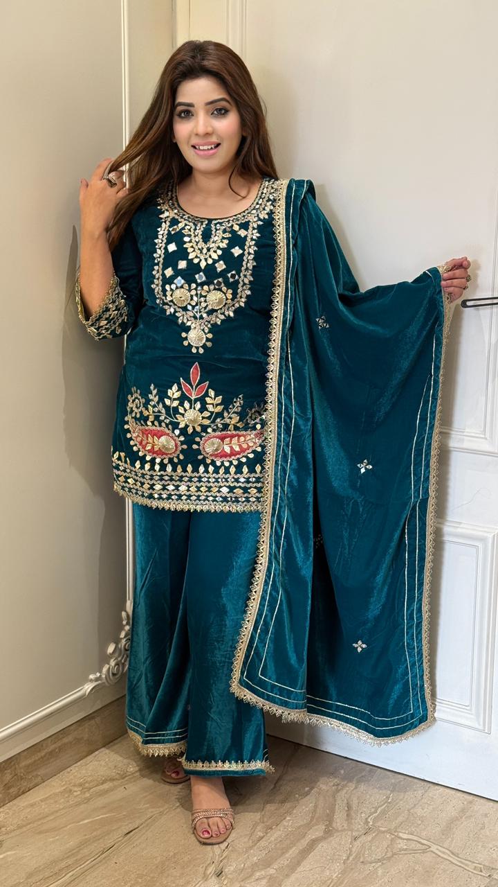 Nesrin Velvet Kurta Suit Set- Green, Blue, Red