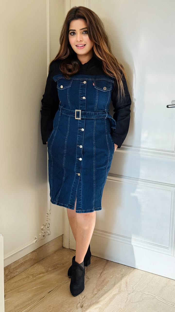 Aysira Denim Midi Dress- Navy, Blue
