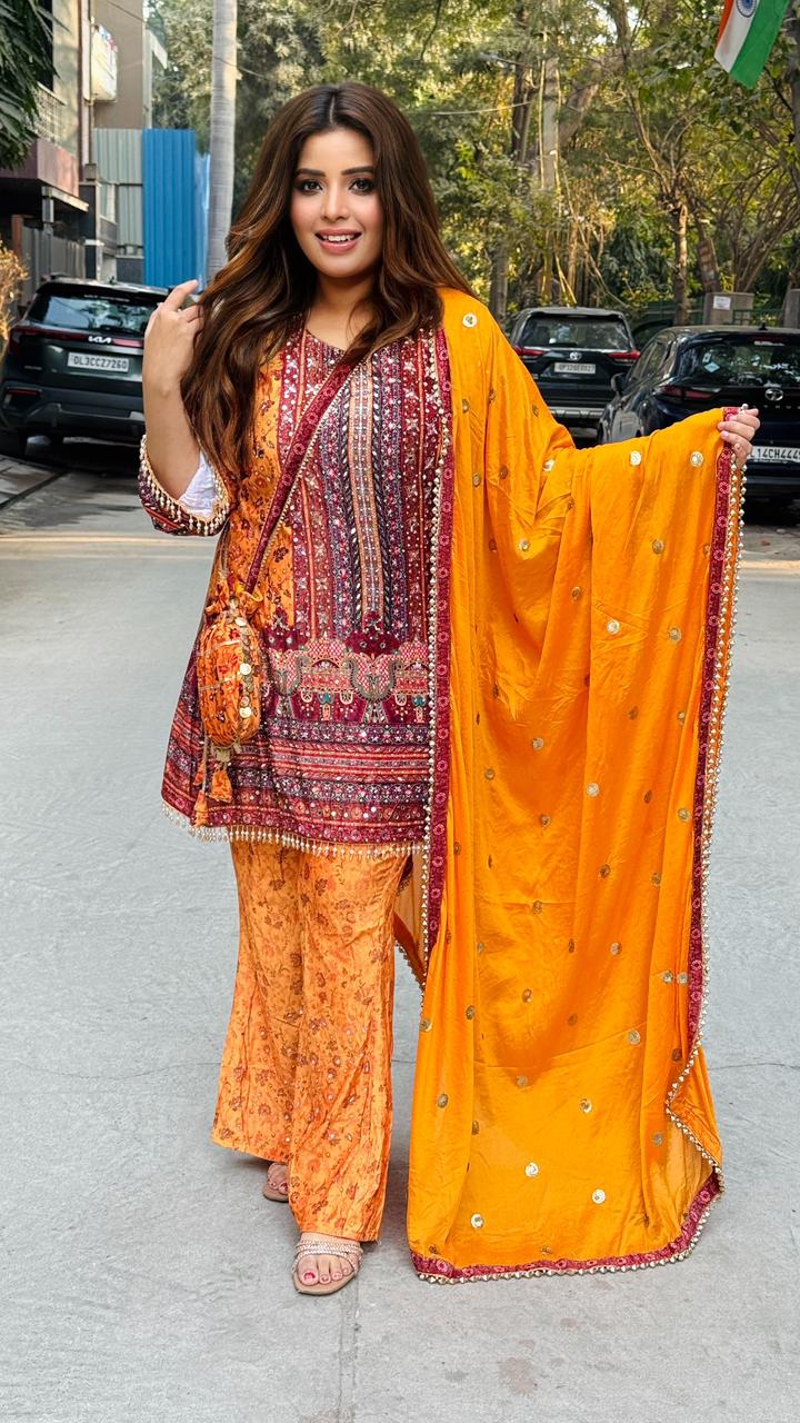 Sahra Velvet Suit Set-Orange