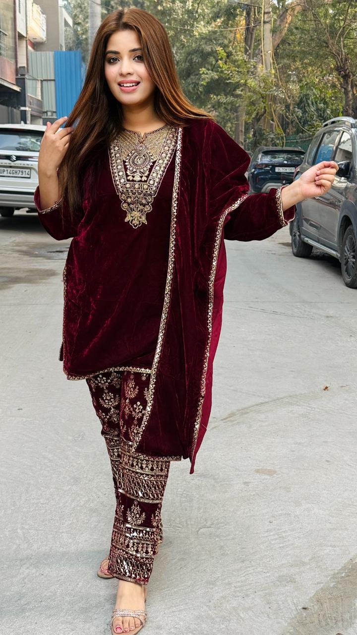 Aylin Velvet Suit Set- Maroon