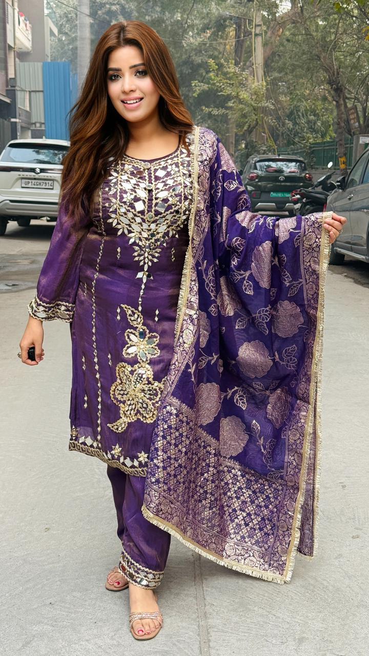 Zareen Suit Set-Purple, Beige, Orange