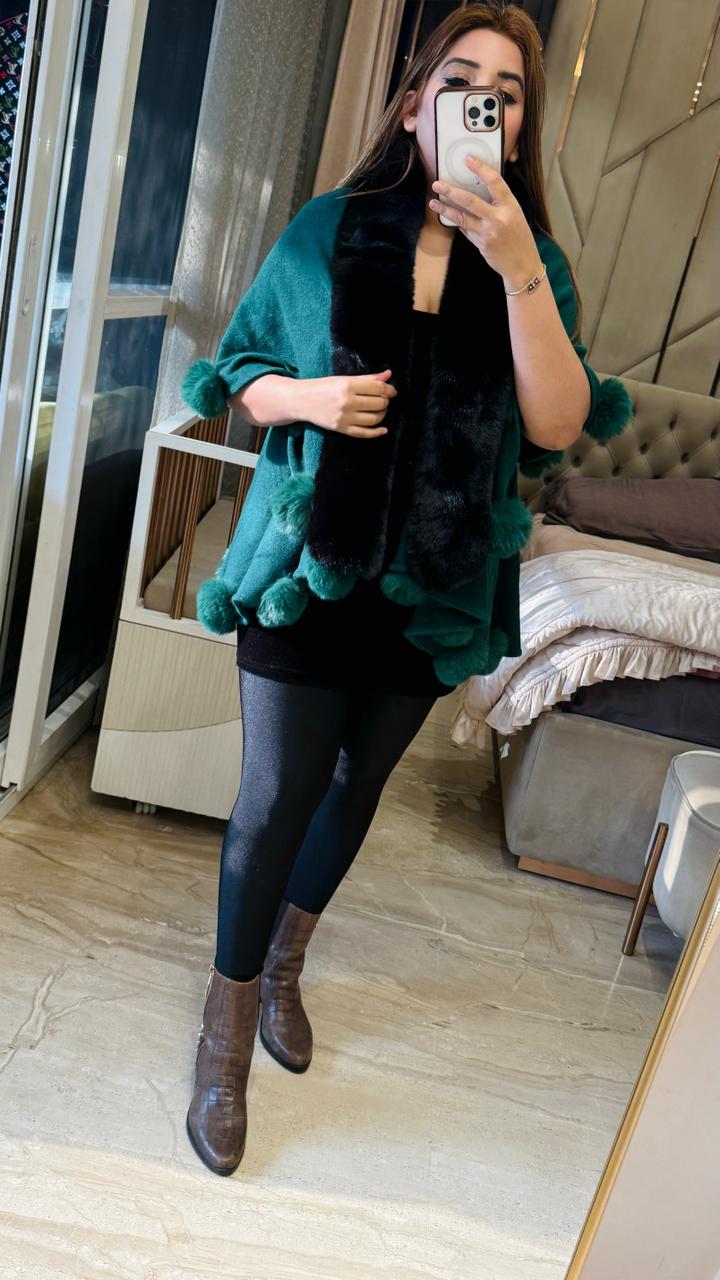 Veluna Pom-Pom Shrug- Gray, Blue, Pink, Green