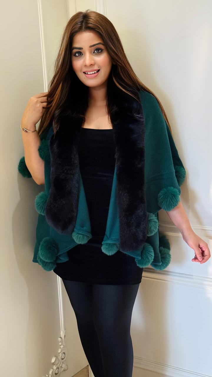 Veluna Pom-Pom Shrug- Gray, Blue, Pink, Green