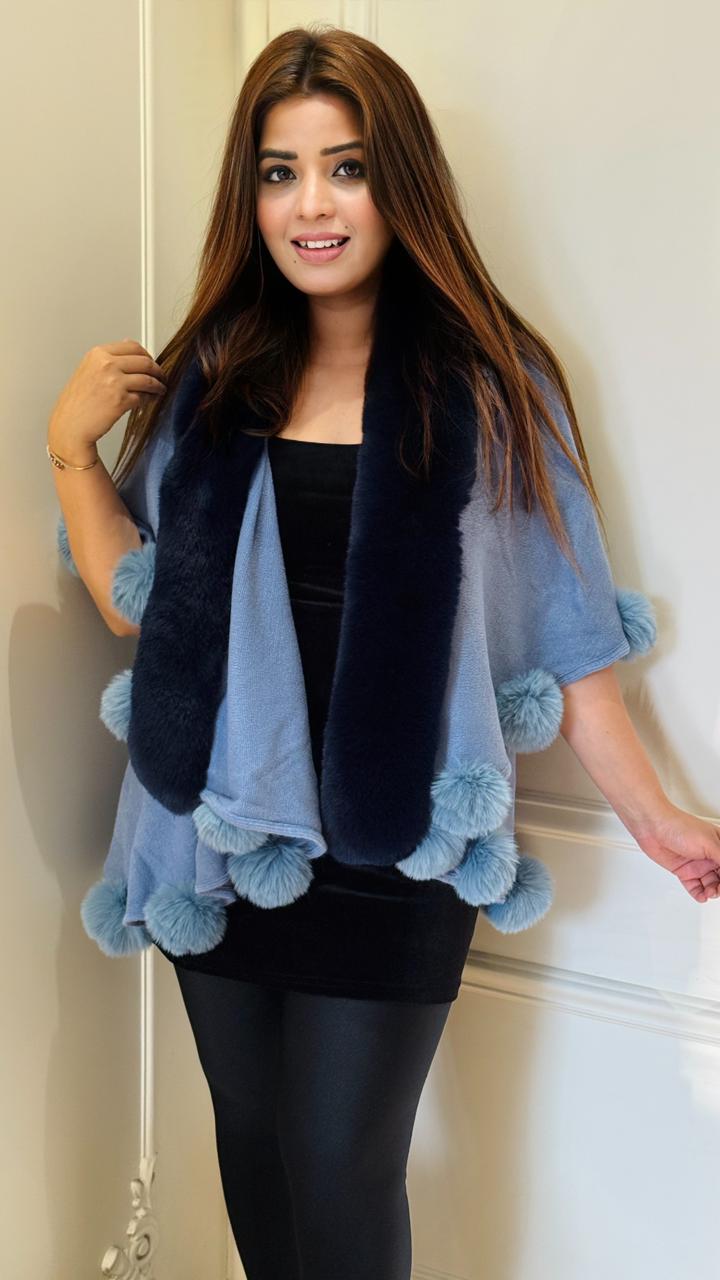 Veluna Pom-Pom Shrug- Gray, Blue, Pink, Green