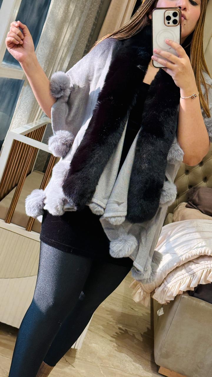 Veluna Pom-Pom Shrug- Gray, Blue, Pink, Green