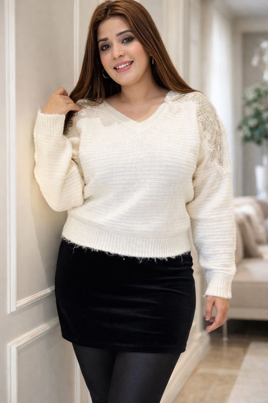 Aarshika Woolen Sweater- White, Pink