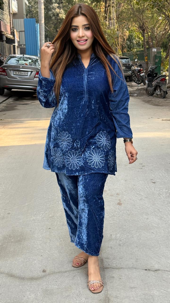 Anairaah Velvet Cord Set- Navy, Blue, Gray