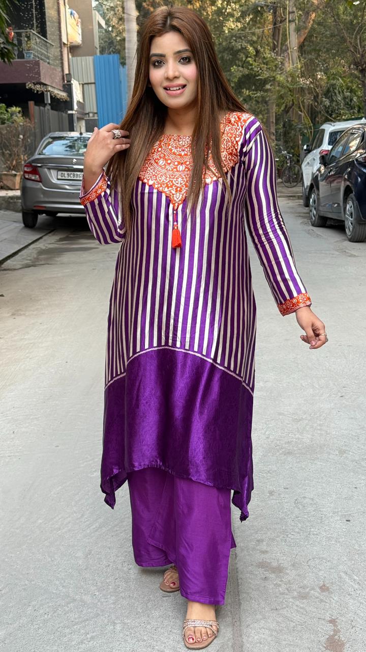 Mehvara A -Line Plazo Set- Purple, Yellow