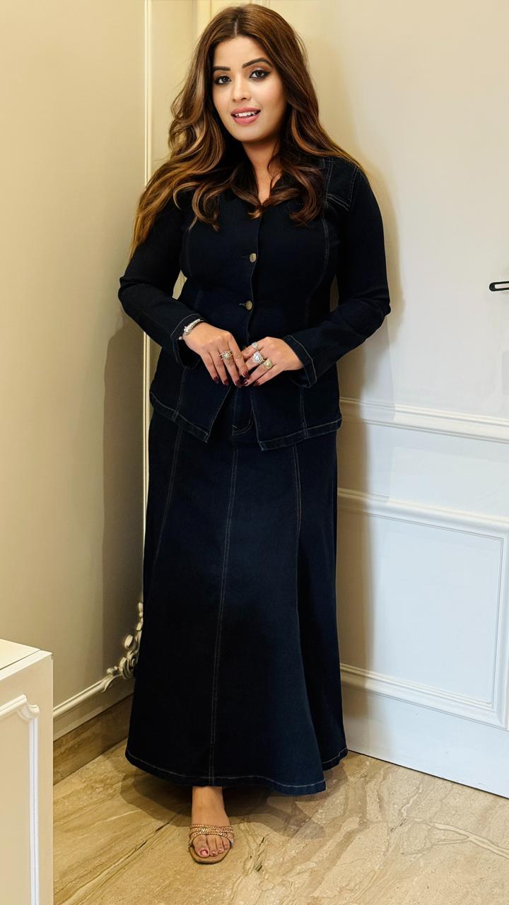 Arvani Fish-Cut Skirt Set- Blue, Navy