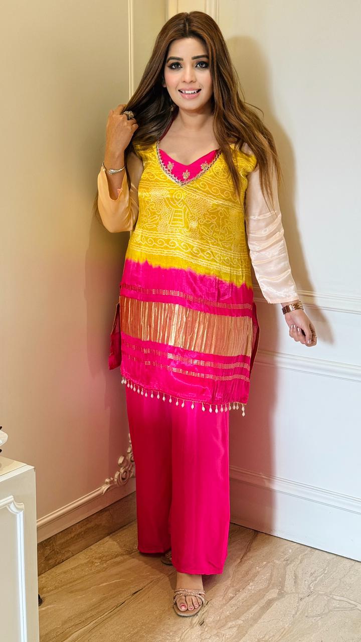 Kanira Plazo Set- Green, Pink