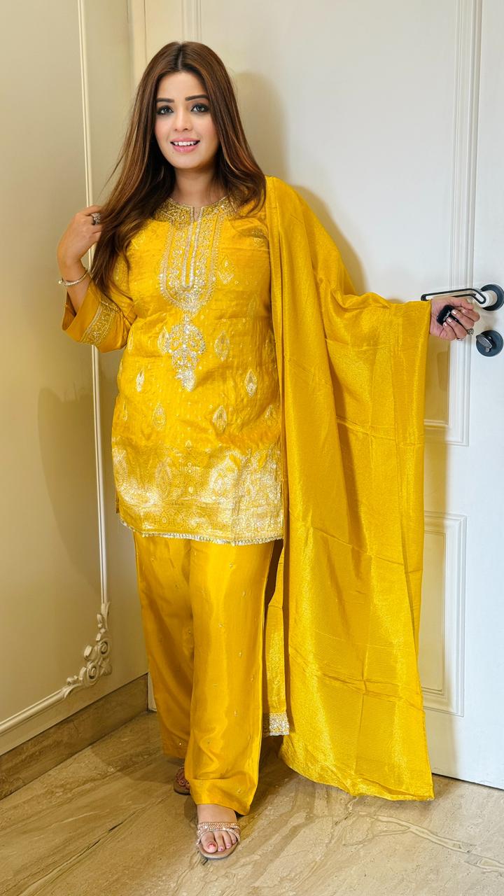 Vahnika Russian Silk Suit Set- Purple, Yellow, Magenta