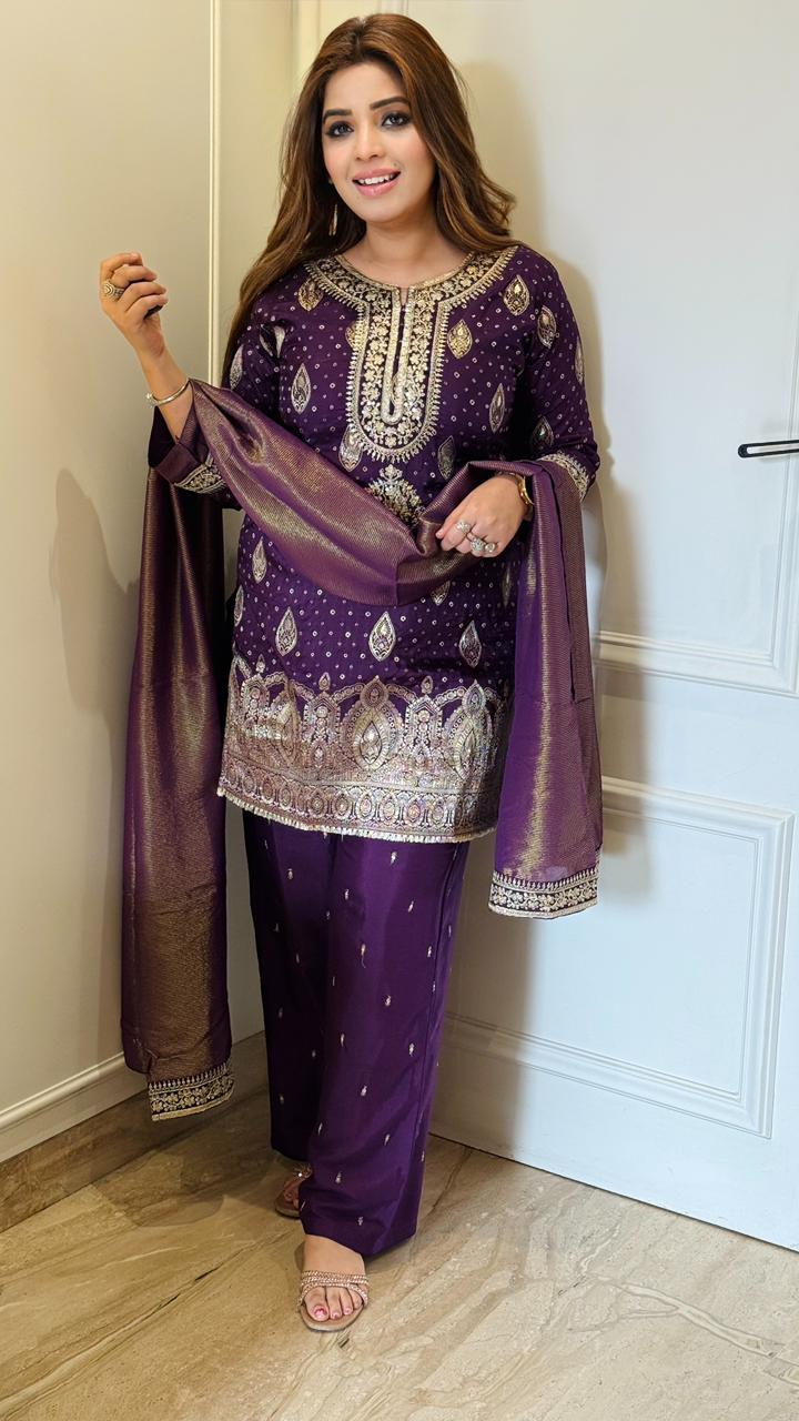 Vahnika Russian Silk Suit Set- Purple, Yellow, Magenta