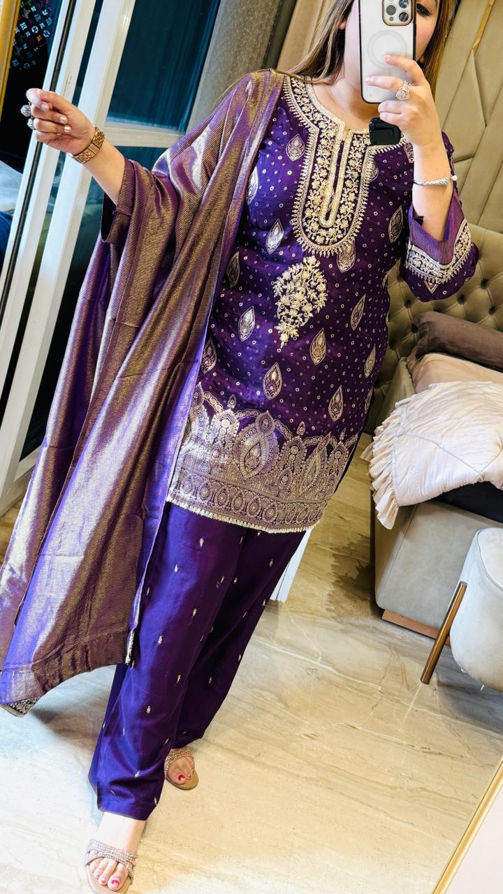 Vahnika Russian Silk Suit Set- Purple, Yellow, Magenta