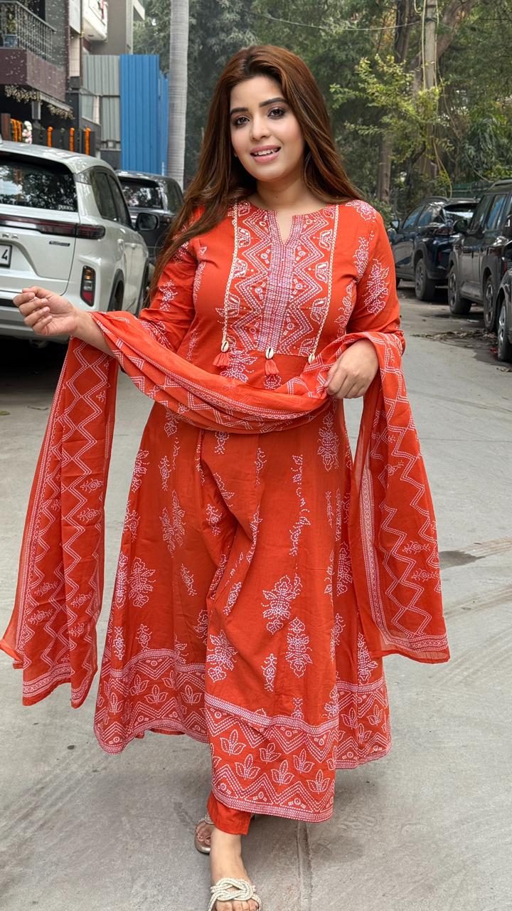 Maahi Cotton Anarkali Suit Set- Orange, Blue