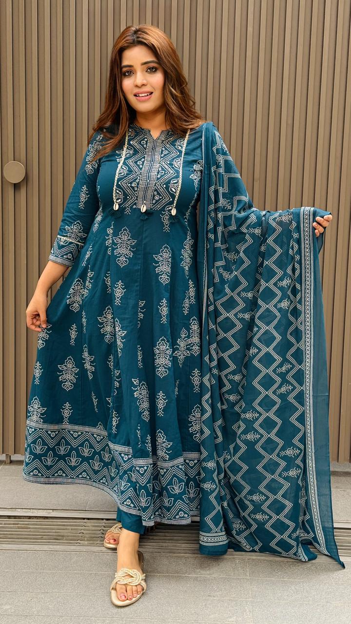 Maahi Cotton Anarkali Suit Set- Orange, Blue