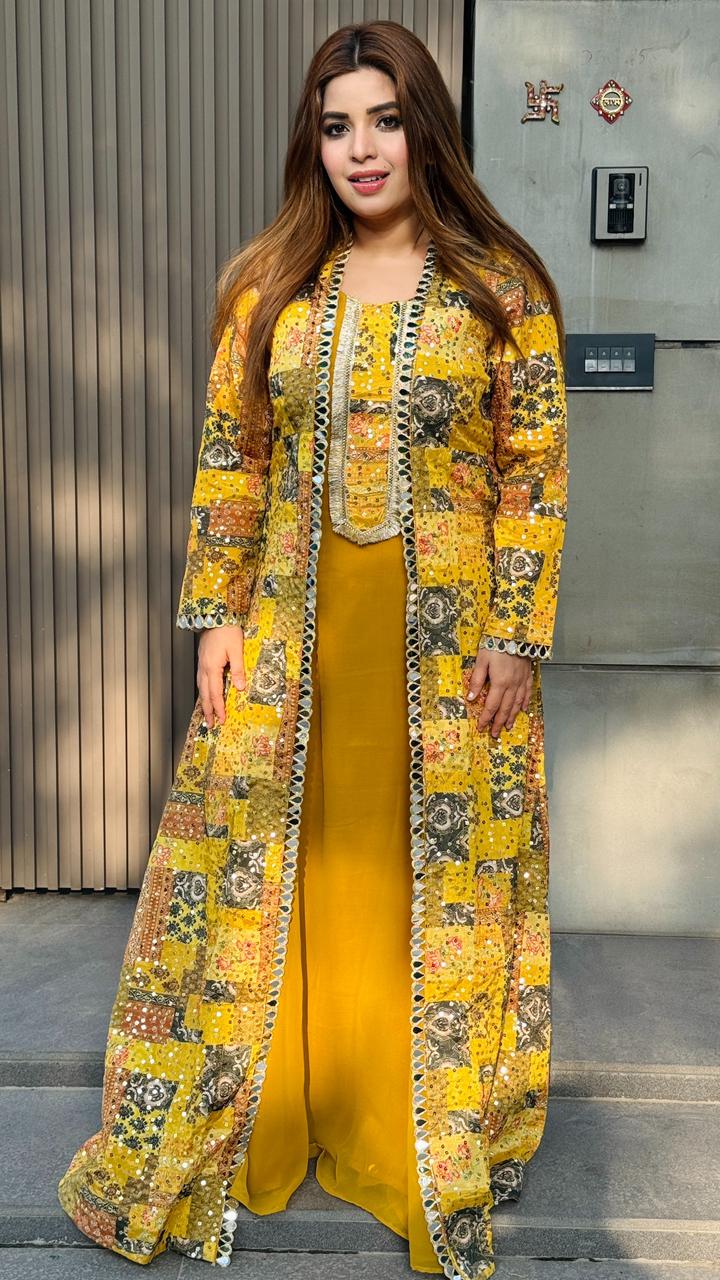 Aarvani Kurti Shrug Set- Blue, Yellow