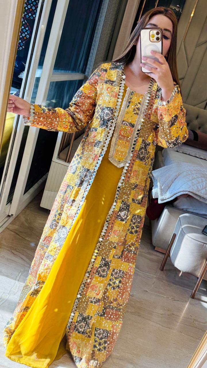 Aarvani Kurti Shrug Set- Blue, Yellow