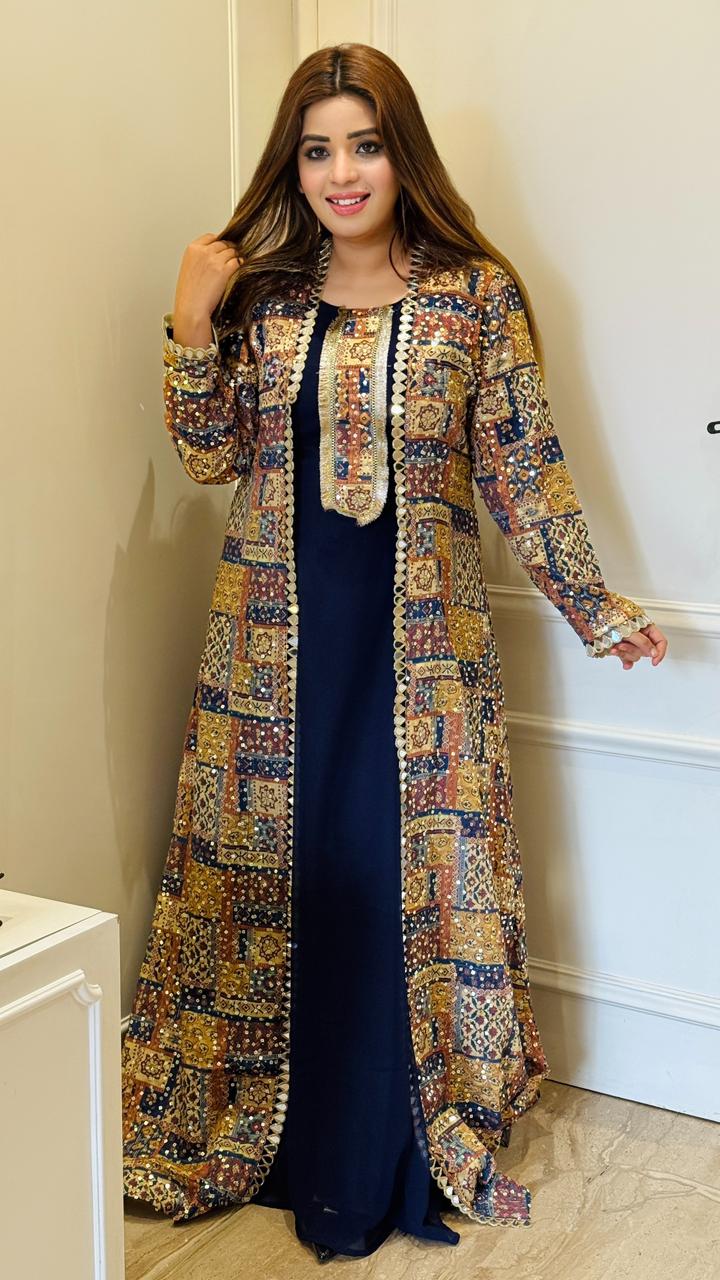 Aarvani Kurti Shrug Set- Blue, Yellow