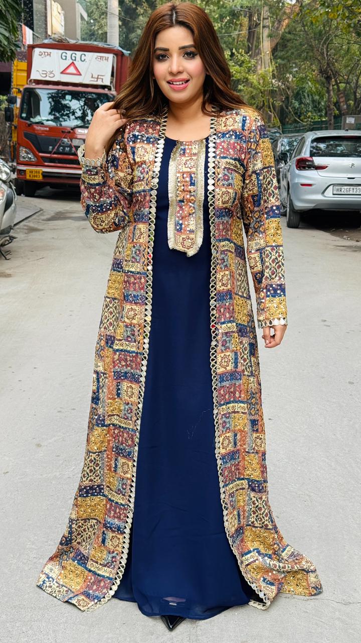 Aarvani Kurti Shrug Set- Blue, Yellow