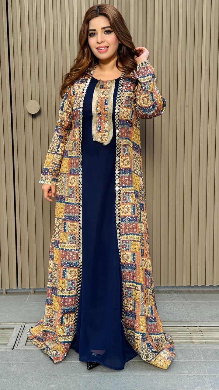 Aarvani Kurti Shrug Set- Blue, Yellow