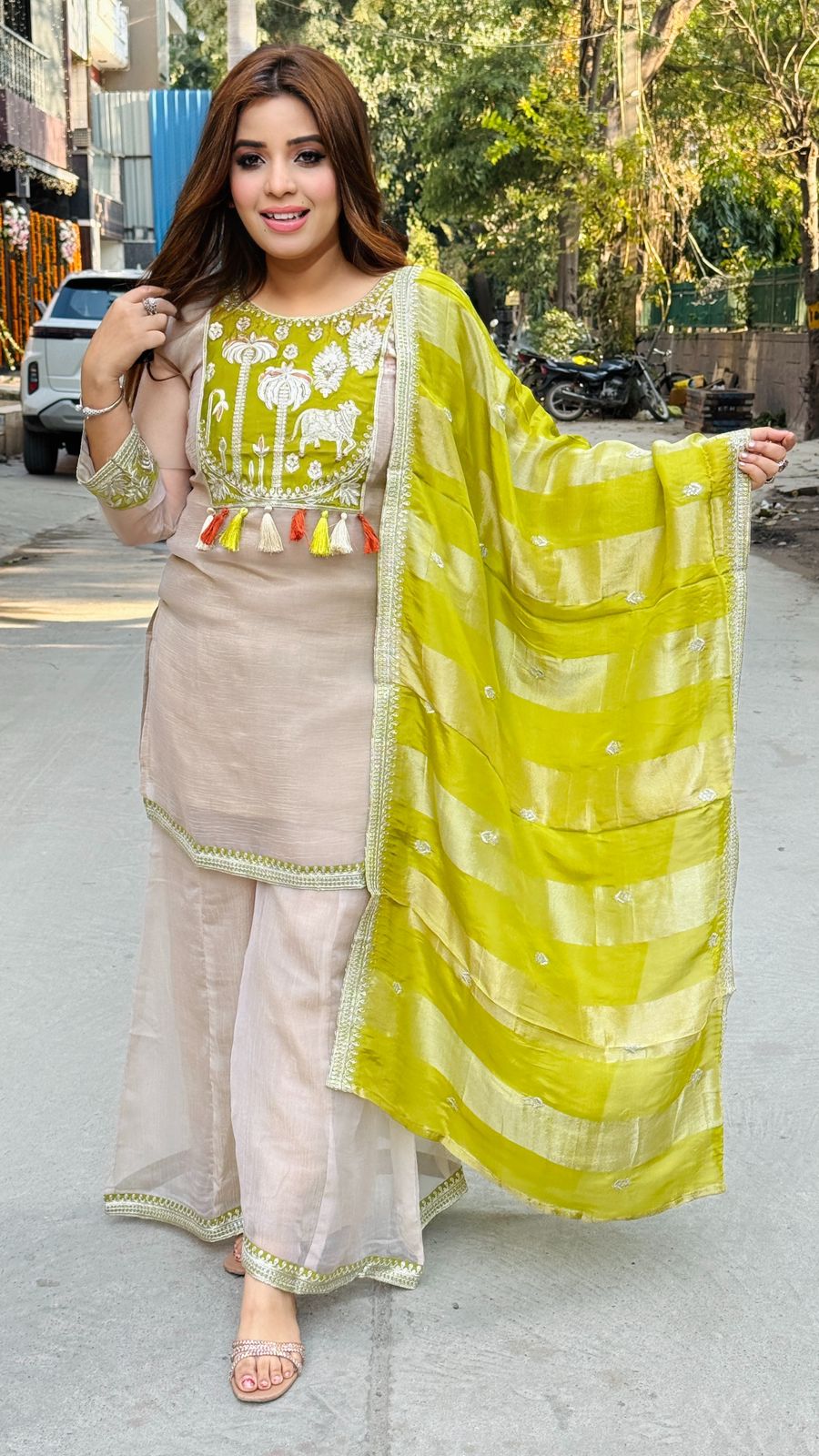 Saaniri Plazo Suit Set- Green, Pink