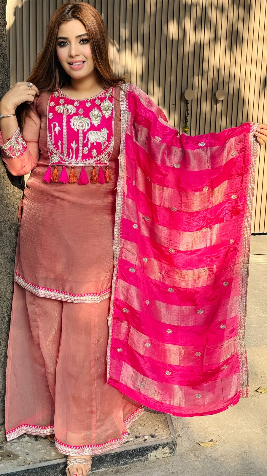 Saaniri Plazo Suit Set- Green, Pink