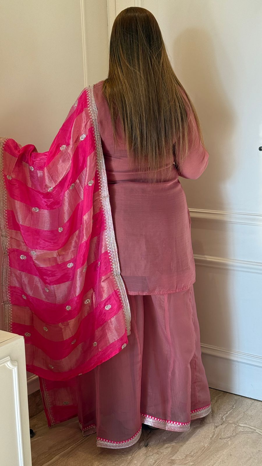 Saaniri Plazo Suit Set- Green, Pink