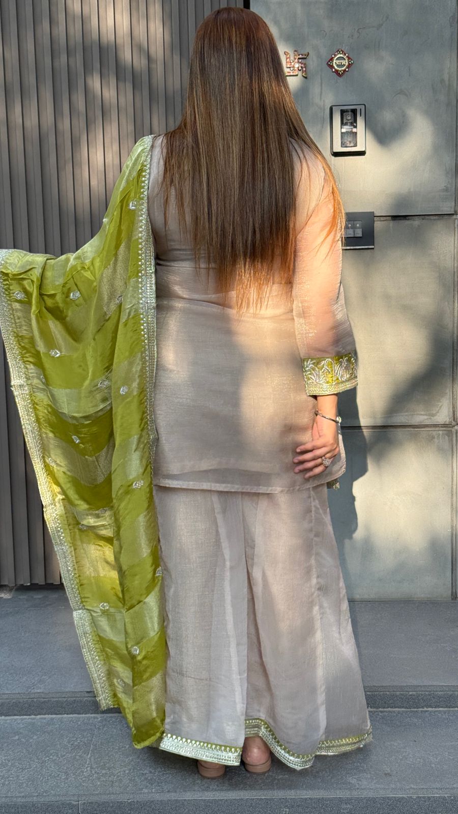 Saaniri Plazo Suit Set- Green, Pink