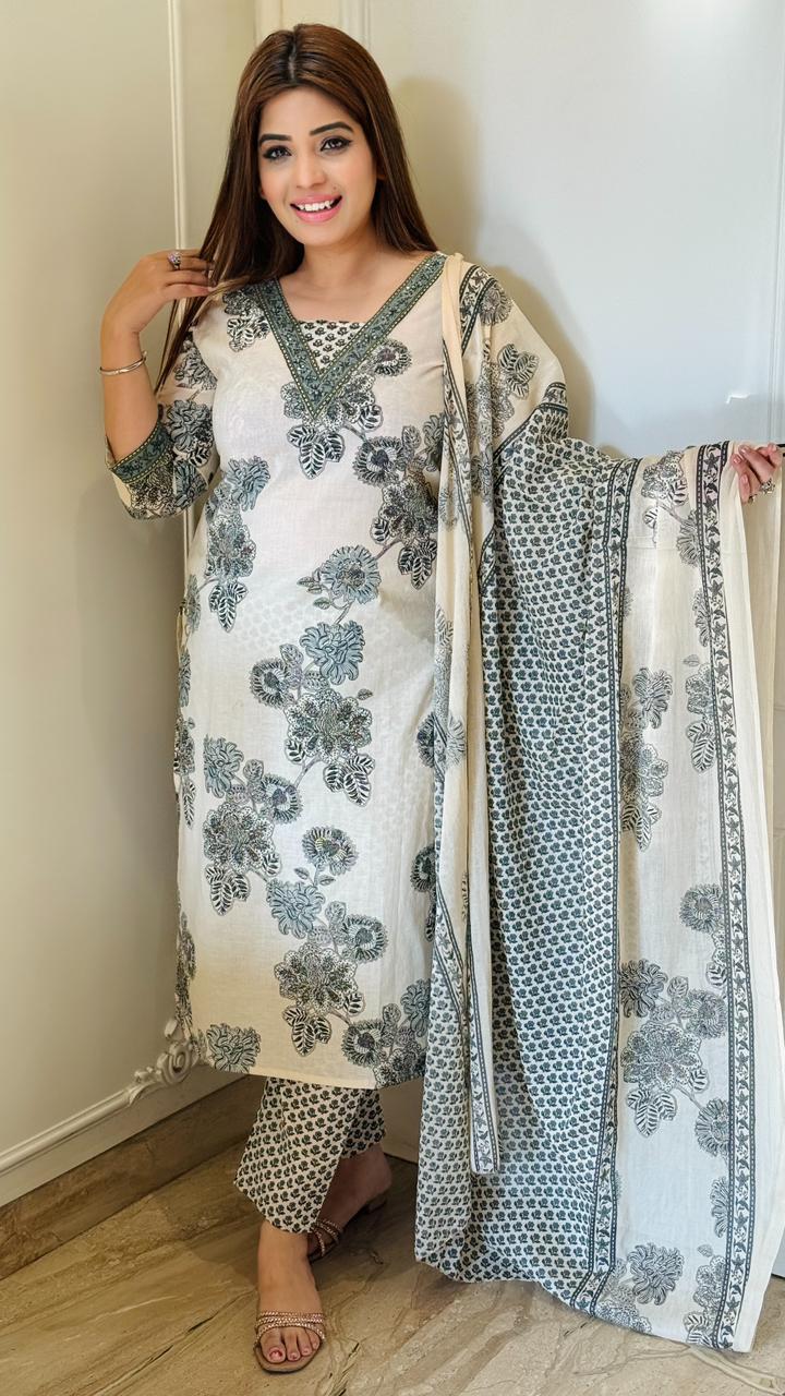 Pravika Pure Cotton Suit Set- Green, Blue