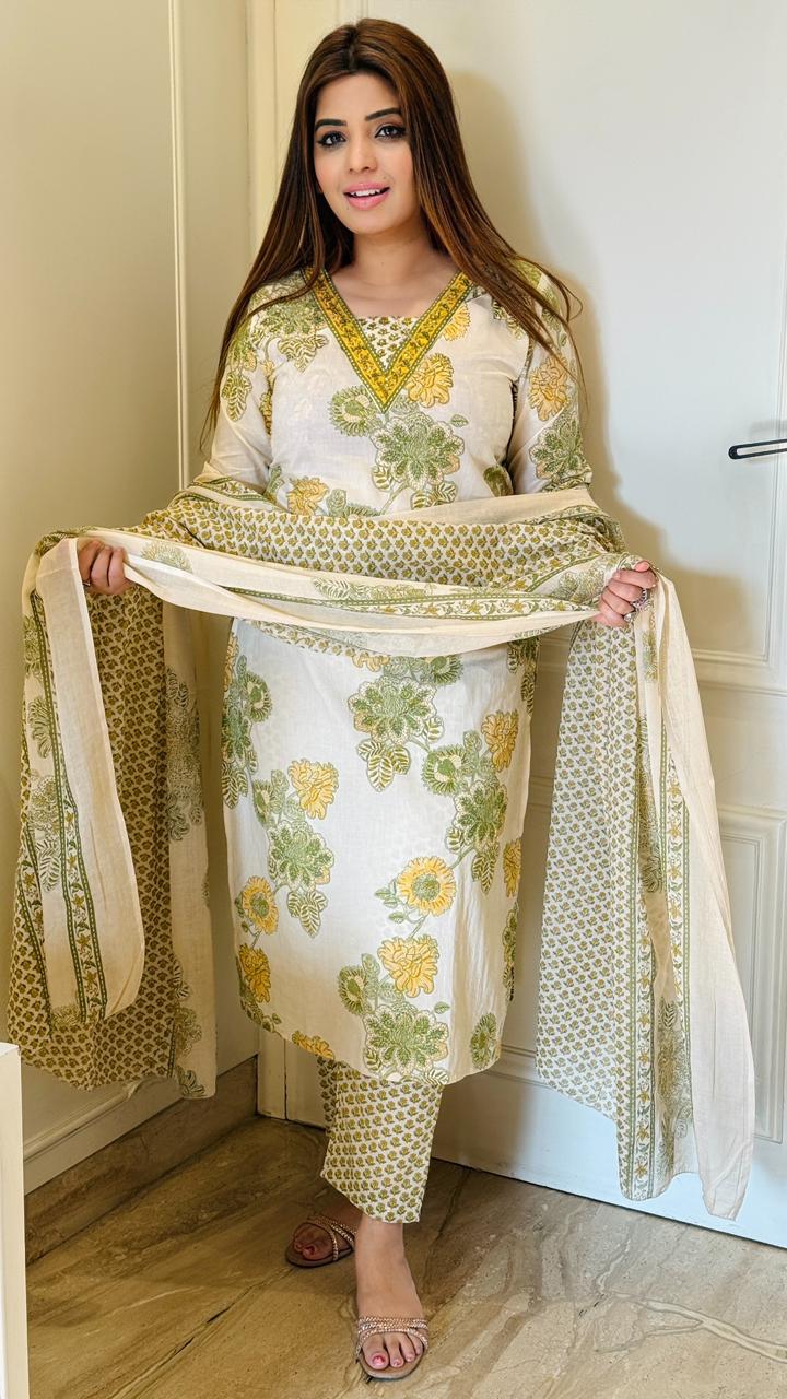 Pravika Pure Cotton Suit Set- Green, Blue